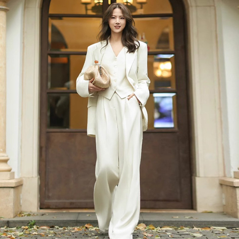 White dignified atmosphere capable temperament women's suit suit high-end sense loose wide legs workplace three-piece suit women