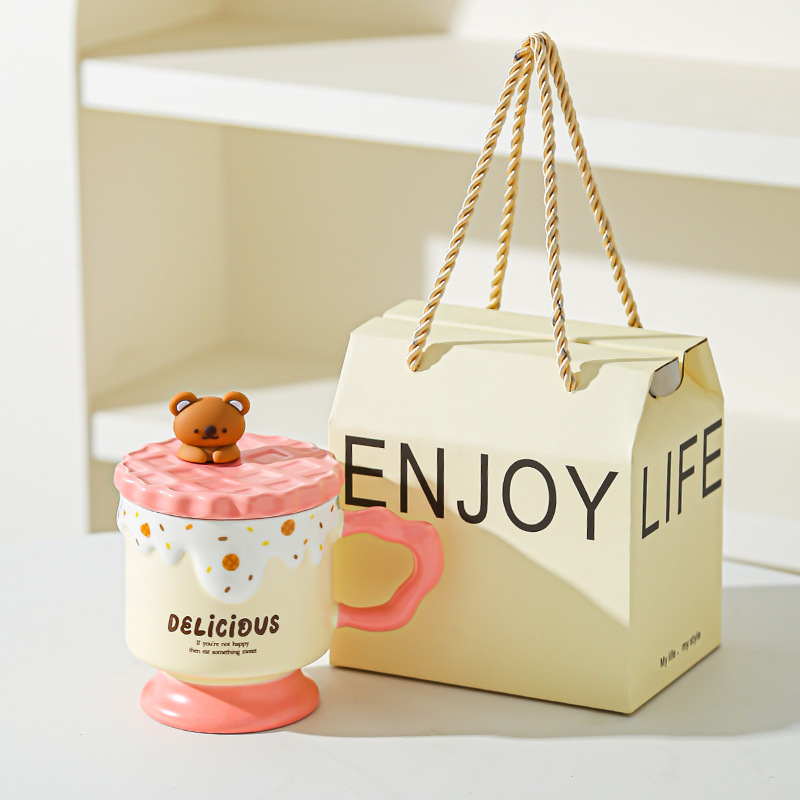 Caricatura dulce oso galletas tazas de cerámica con tapa de alta calidad de la oficina taza de agua regalo de mano taza de regalo