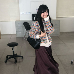 韩系复古彩虹翻领针织开衫女秋冬新款宽松显瘦百搭软糯毛衣外套潮