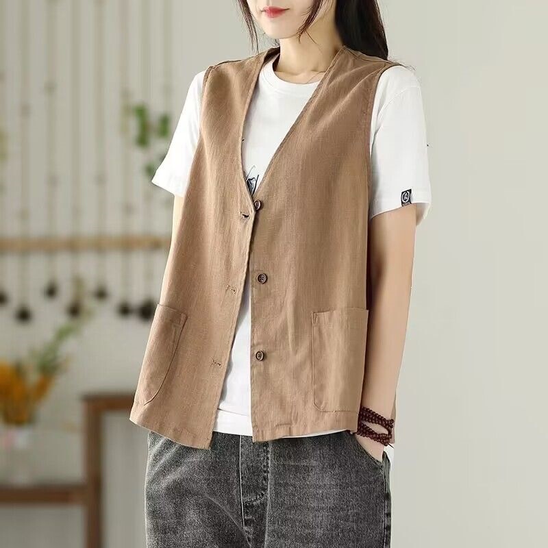 Single-Layer Thin Vest for Women, Loose Casual Sleeveless Slimming Cotton-Linen Vest, Summer Outerwear