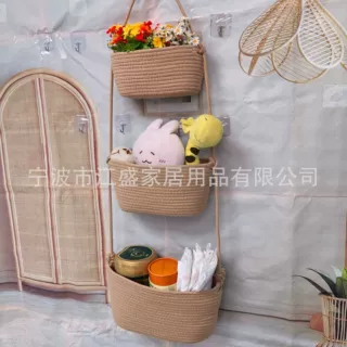 亚马逊新款多功能可拆卸棉绳编织挂袋门后储物挂袋壁挂收纳架