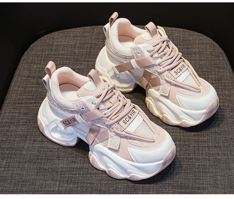 Giày sneaker nữ chunky đế dày tăng chiều cao 8cm buộc dây thời trang — M2566 màu be, M2566 màu hồng chi tiết 14