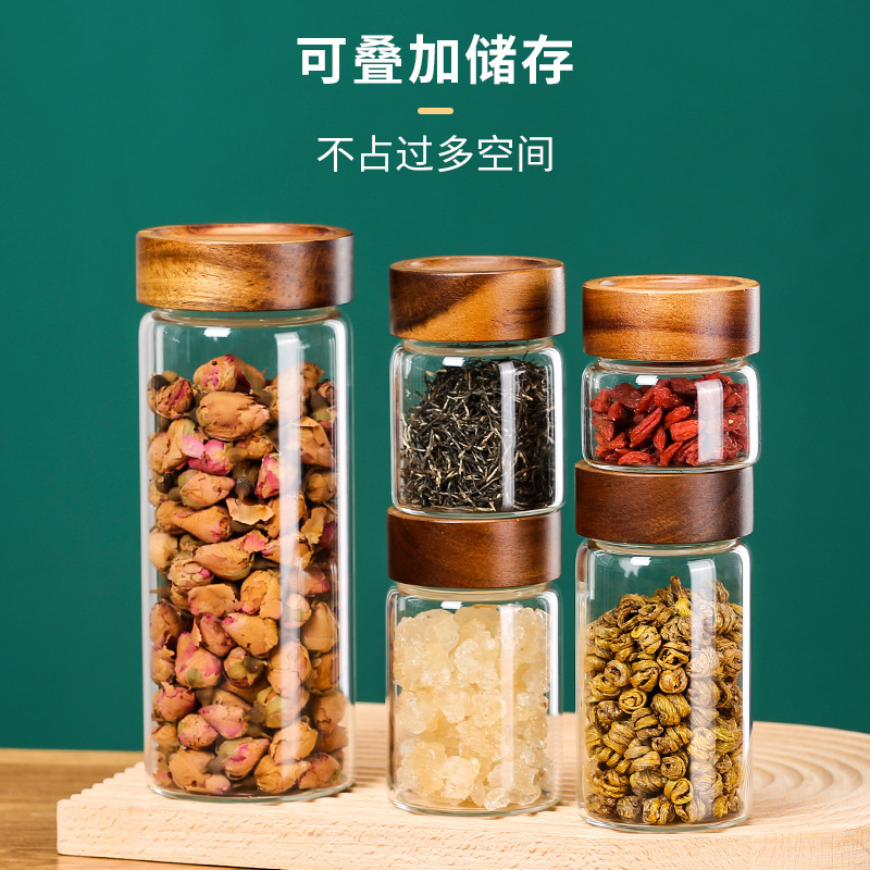 アカシア材ガラス密封保存瓶、収納瓶、茶葉瓶、穀物瓶、食品グレードの陳皮瓶、密封鮮度保持|undefined