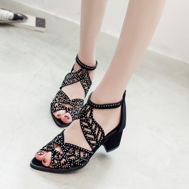 Water Diamond Sandals Women's Summer New Fish Mouth Thick High Heel Hollow Fashion Single Nightclub Sexy Black Mesh_voghion.com