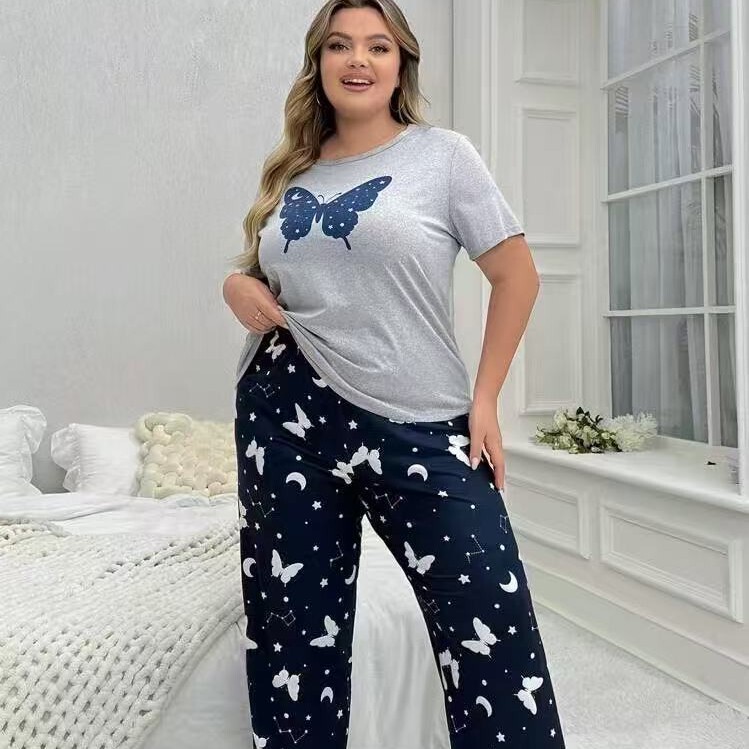 Amazon cross-border wholesale explosion butterfly casual comfortable skin-friendly round neck short sleeve home ladies pajamas suit Amazon cross-border wholesale explosion butterfly casual comfortable skin-friendly round neck short sleeve home ladies pajamas suit