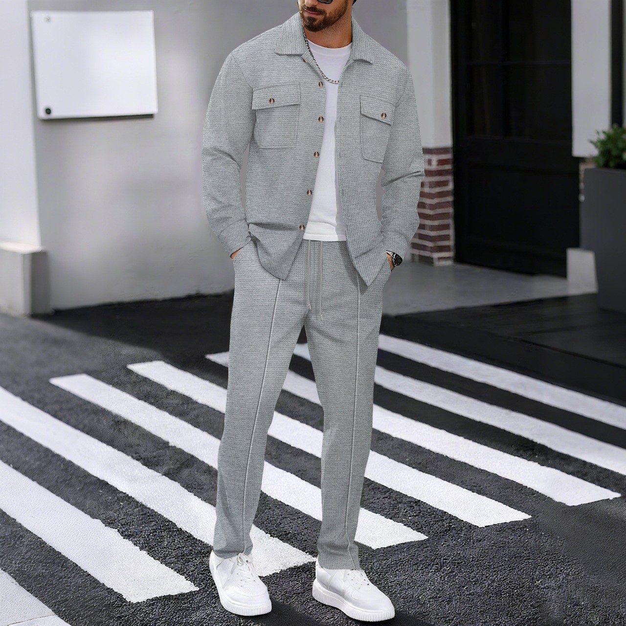 Completo uomo casual con giacca e pantaloni in waffle_voghion.com