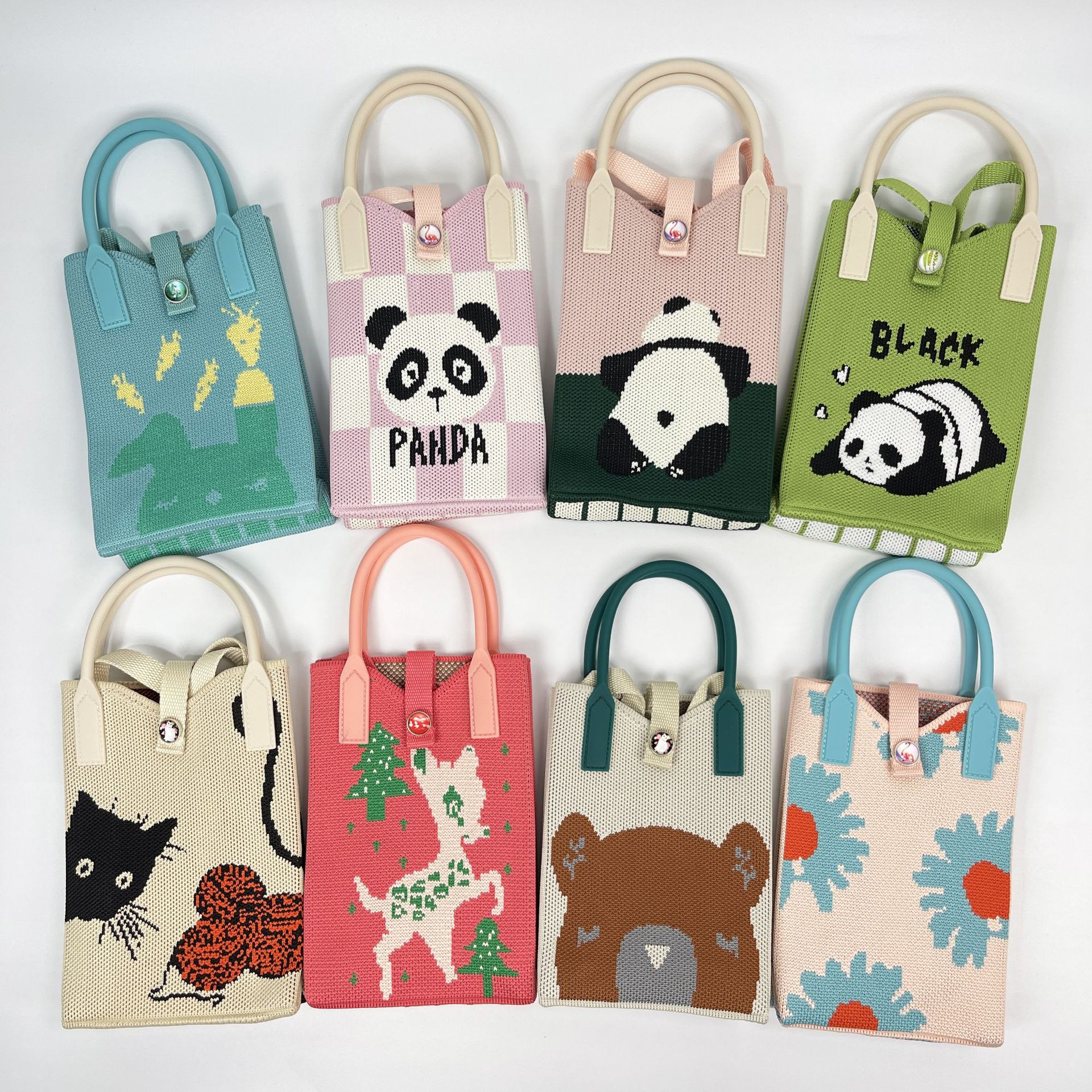 韩版学生卡通熊猫针织手机包女春秋百搭零钱手提包斜挎手拎小包潮