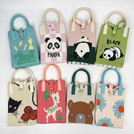 韩版学生卡通熊猫针织手机包女春秋百搭零钱手提包斜挎手拎小包潮