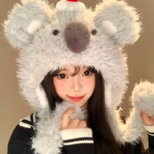 可爱考拉毛绒帽女秋冬保暖护耳帽加厚显脸小卡通雷锋帽冬季毛茸茸