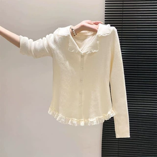 大朗源头毛衣厂法式蕾丝花边翻领针织衫女秋冬季新款气质修身上衣