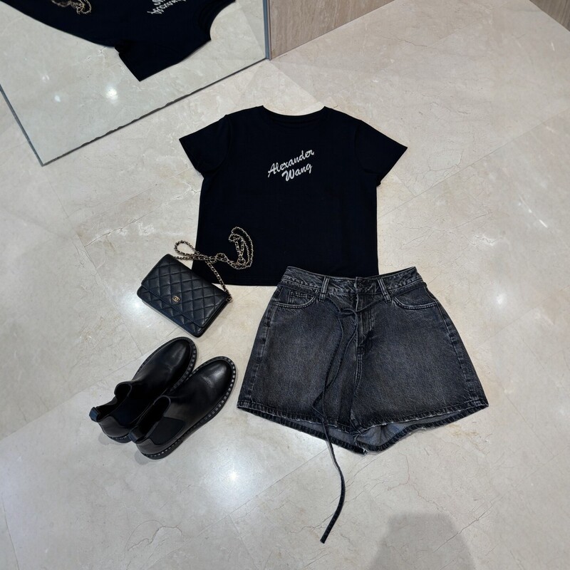Trendy Brand 26 Summer Aw High-End Version Rhinestone Letter Summer Short-Sleeve T-Shirt for Women Simple Old Money Style Top