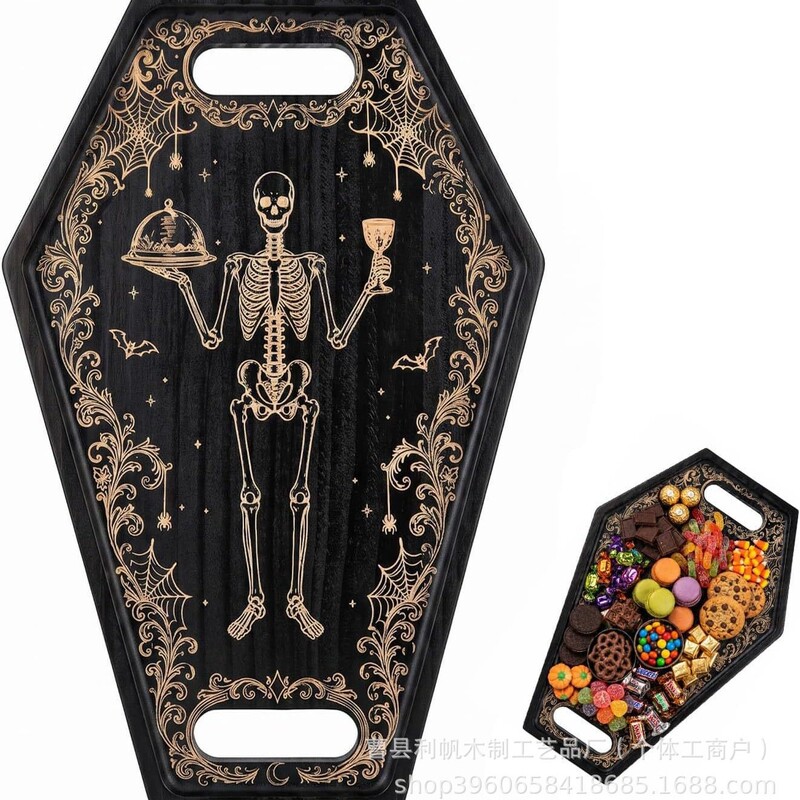 Gothic-style skull coffin wooden tray Halloween party candy and snack storage display wooden decorative tray Gothic-style skull coffin wooden tray Halloween party candy and snack storage display wooden decorative tray