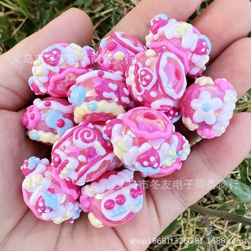 16mm玫粉系亚克力重工手绘珠串珠diy手作散珠材料手机链饰品配件|undefined