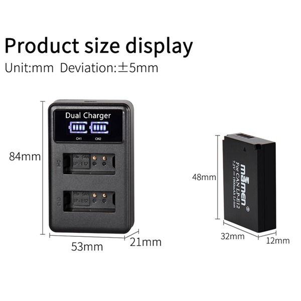 Mamen 1套 黑色 ABS LP-E12 1900mAh可充电数码相机电池+ LCD USB