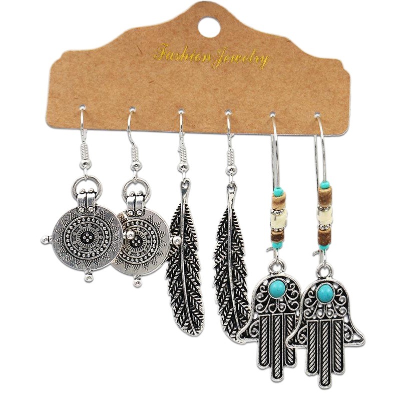 Han Qi jewelry European and American earrings new vintage personalized alloy three-piece suit combination geometric leaves feather earrings