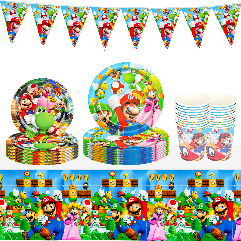 Classic Cartoon Mario Theme Party Decoration Props Disposable Paper Plate Paper Towel Tablecloth Tableware Set