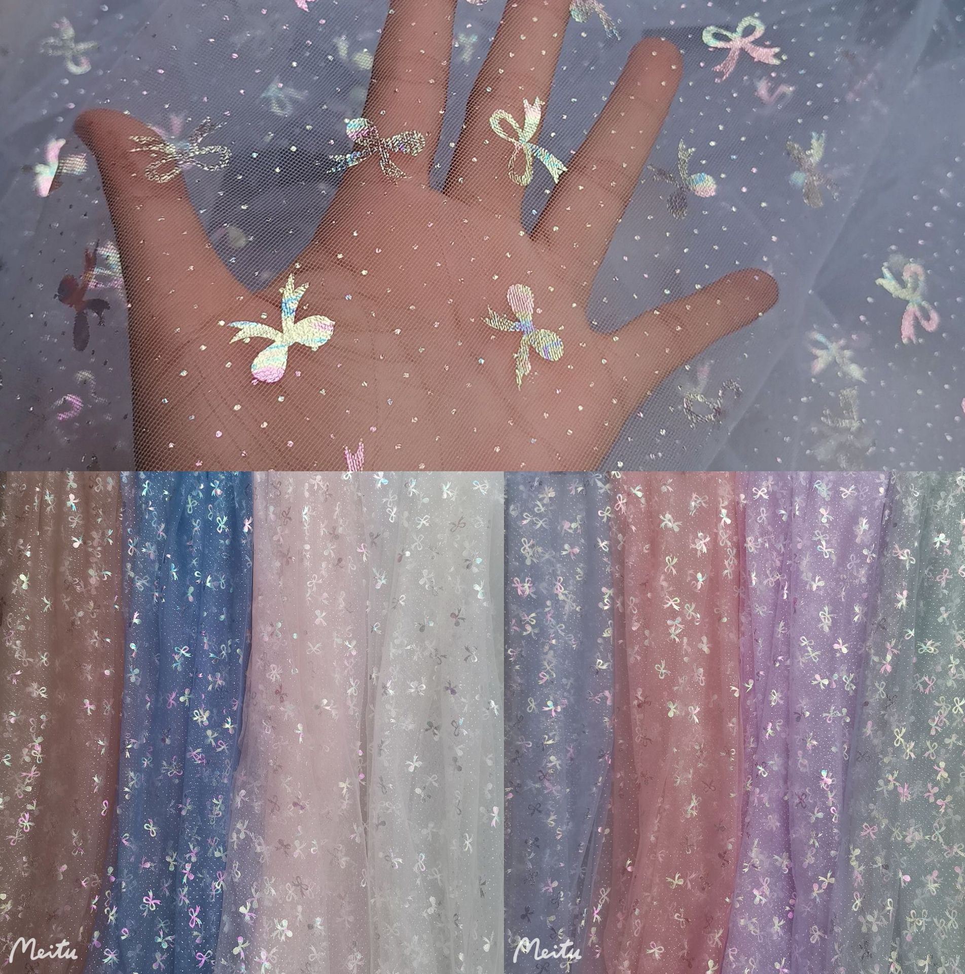 现货~仙美款特美网纱和36眼网纱小蝴蝶结幻彩和七彩烫膜 童装面料