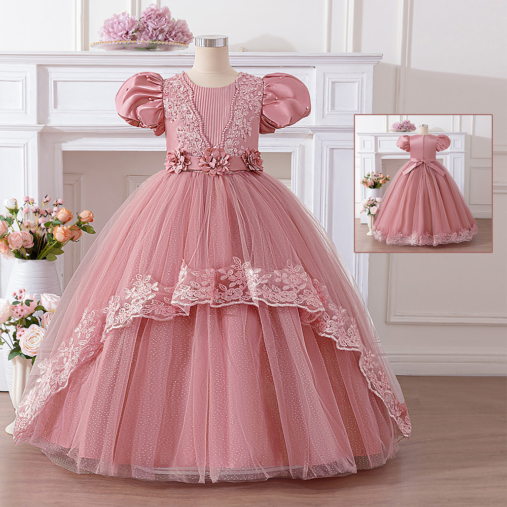 Vestido infantil transfronterizo con cuentas burbujas mangas vestido de princesa floral espectáculo de cumpleaños vestido de desfile vestido de niña