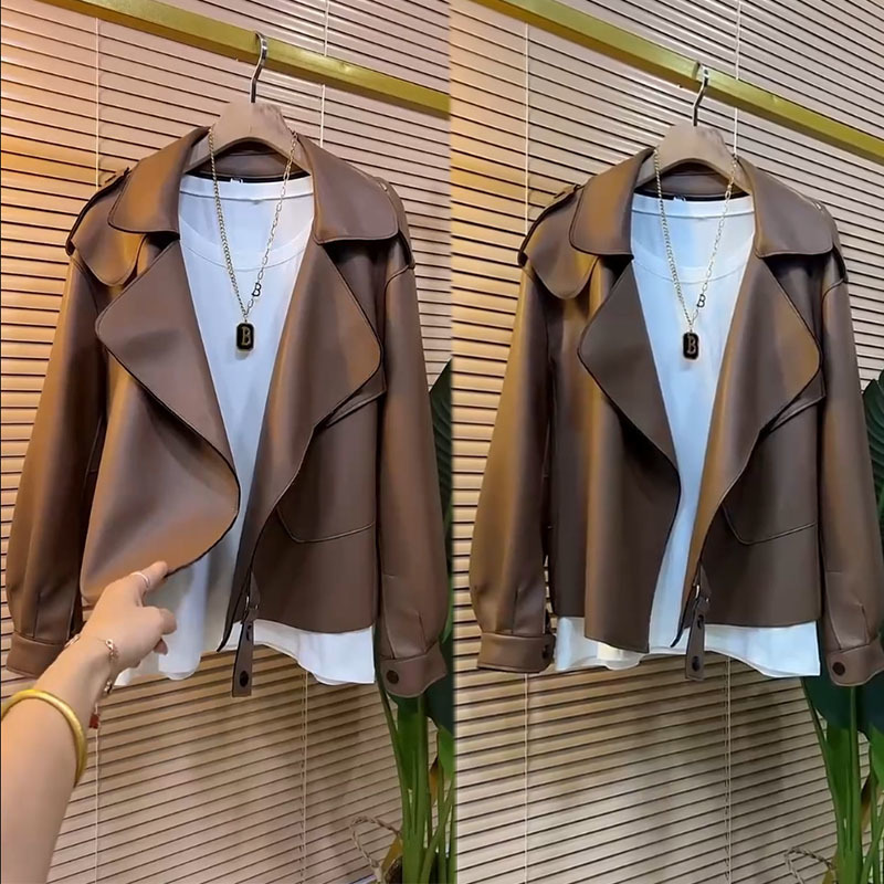 European station fashion leather jacket spring and autumn new large size women's small lapel motorcycle suit leather jacket