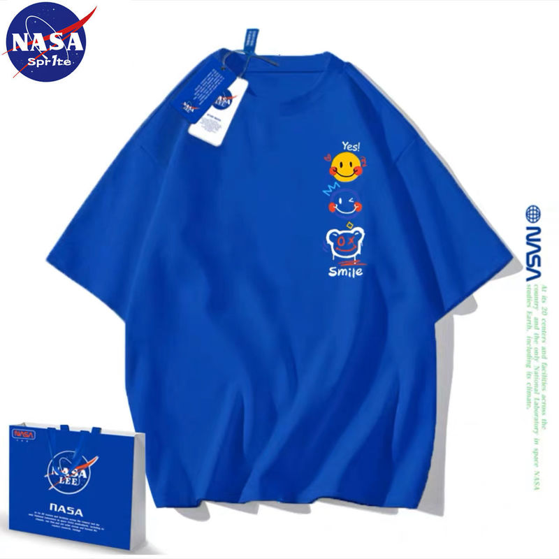 NASA Co-branded Klein Blue Short-sleeved T-shirt for Women Youth Summer New Trendy Brand Loose Right Shoulder Half-sleeved Men's Top