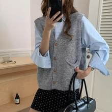 韩系卷边v领针织开衫马甲女秋冬季新款宽松百搭叠穿坎肩毛衣背心