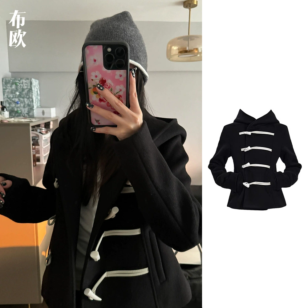 [Clearout No Returns/Exchanges] Женская шерстяная куртка с коротким капюшоном и пуговицей из 100% шерсти в колледжском стиле Нанью