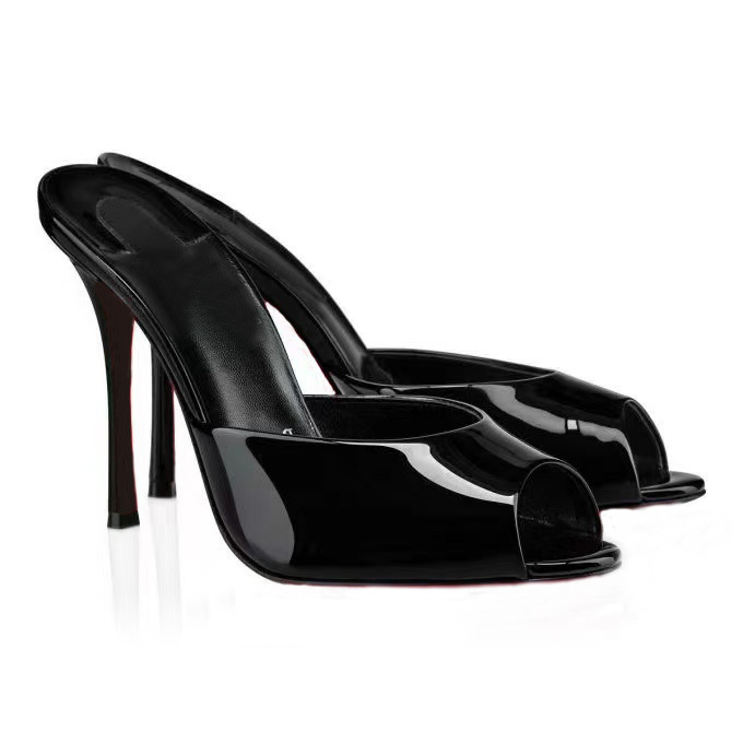 Red-Soled Shoes, Stiletto Sandals, Sexy Nightclub Slip-Ons, Shallow High Heels, Versatile Patent Leather Girls' Catwalk Fish-Mouth Shoes