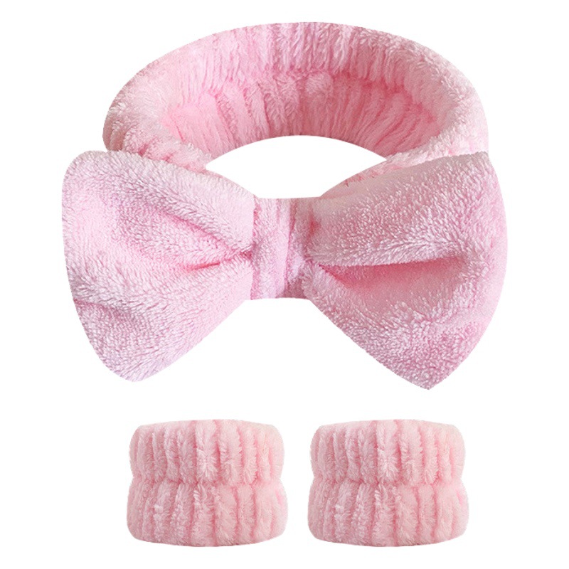Solid Color Bow Headband Three-Piece Set for Girls Face Wash and Moisture-Proof Wristband with Bow, Versatile Makeup Simple Wristband