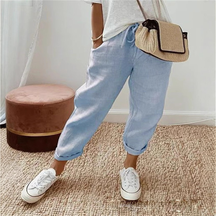 2025 Europe and the United States cross-border Amazon independent station women's cotton and linen trousers pocket elastic casual pants women's pants