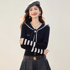 铭海海軍襟ニット女性春長袖セーター蝶ネクタイ上着紅本震え音起爆金