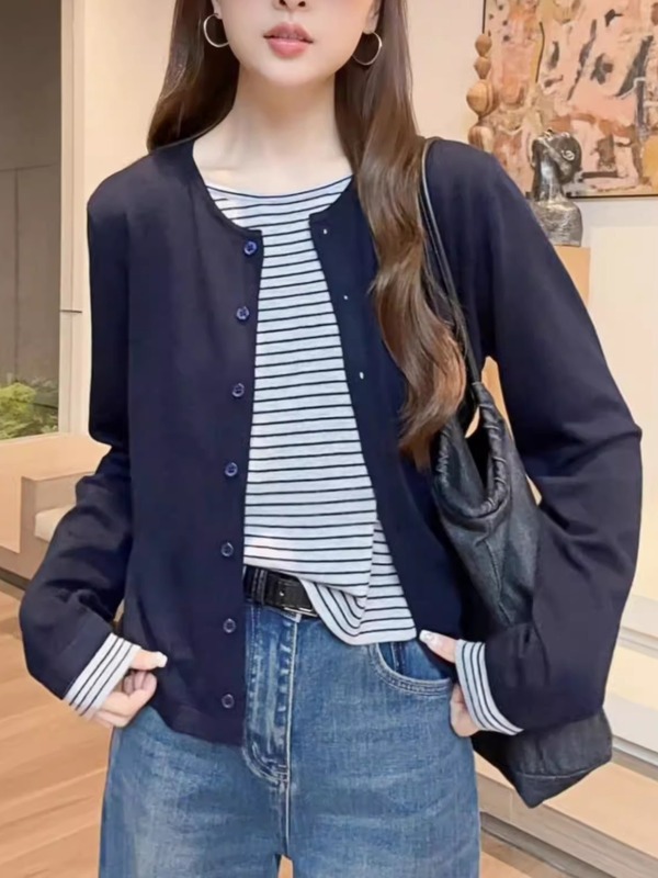 大码微胖休闲灰色条纹长袖T恤女秋季韩系穿搭胖MM显瘦假两件上衣|undefined