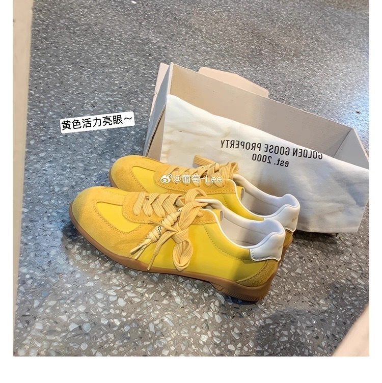 葡萄妈同款现货~ 系带拼色圆头百搭舒适休闲真皮板鞋增高德训鞋女|undefined