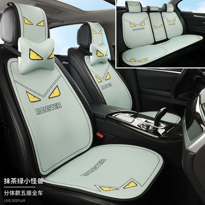 Cartoon Car Seat Cushion, Summer Seat cushion, seat cover - matcha-green-little-monsterfull-set-for-5-seater-vehicle-2-neck-pillows-honeycomb