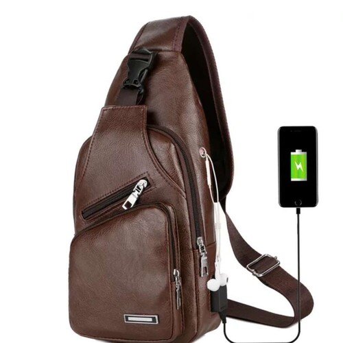 Cross-border new leisure unisex single-shoulder bag outdoor sports USB charging chest bag for men PU business cross-body bag