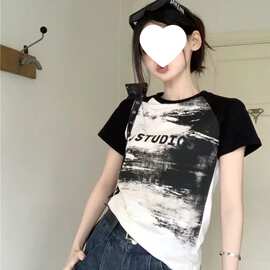 纯棉拉架扎染插肩短袖T恤女夏美式复古辣妹时髦洋气修身短款上衣
