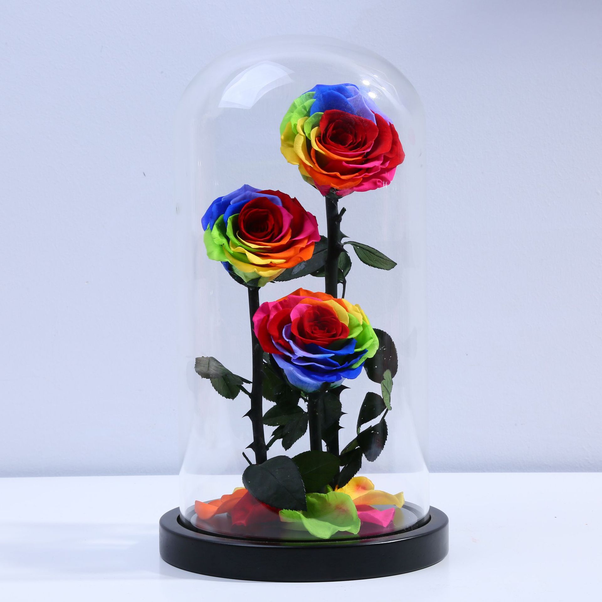 Flor eterna, tres rosas en una cúpula de cristal, producto terminado, decoración de regalo, ramo de flores, caja de regalo, flores preservadas que no se marchitan