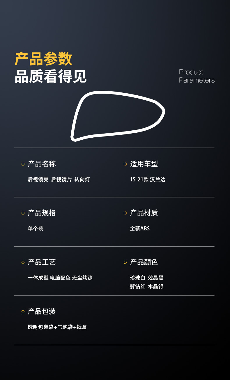 Suitable for 2015-2021 Toyota Highlander rearview mirror housing, reversing mirror cover, reflector lens, turn signal light