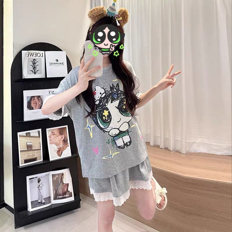 Venta al por mayor transfronteriza de pijamas con almohadillas para el pecho para mujeres pantalones cortos de manga corta de verano costura de encaje lindo traje de servicio a domicilio coreano de imitación de algodón