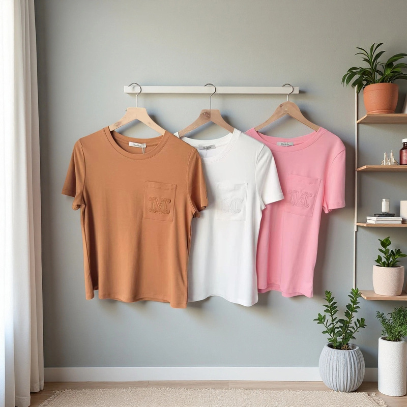 Max25 Spring and Summer New Style Flap Pocket Pants Embroider Loose Casual Short-Sleeved Women's Round Neck Fashionable Versatile Pure Cotton T-Shirt Top