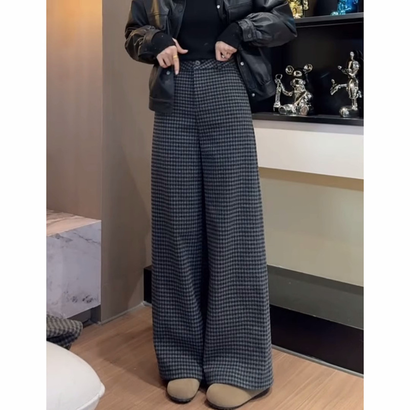 韩系格纹毛呢休闲裤2025年女大码秋季厚款梨形高腰显瘦宽松阔腿裤|undefined