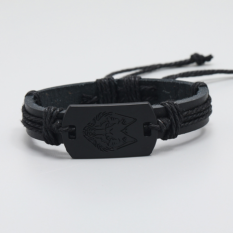 punk style menu0027s leather bracelet black wolf head multi-layer braided bracelet