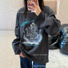 新品 25ss秋季新款小众圆领复古玫瑰印花长袖男女同款T上衣