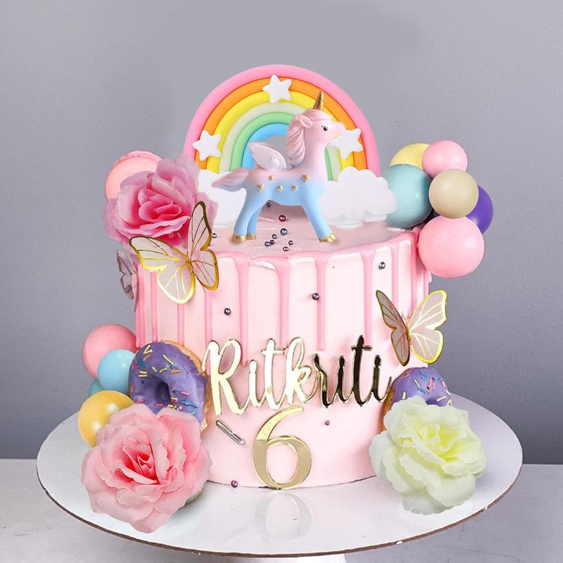 レインボープリンセスキャッスルケーキデコレーションハッピーバースデーバナーケーキインサート女の子の誕生日ユニコーンオーナメントピンク|undefined