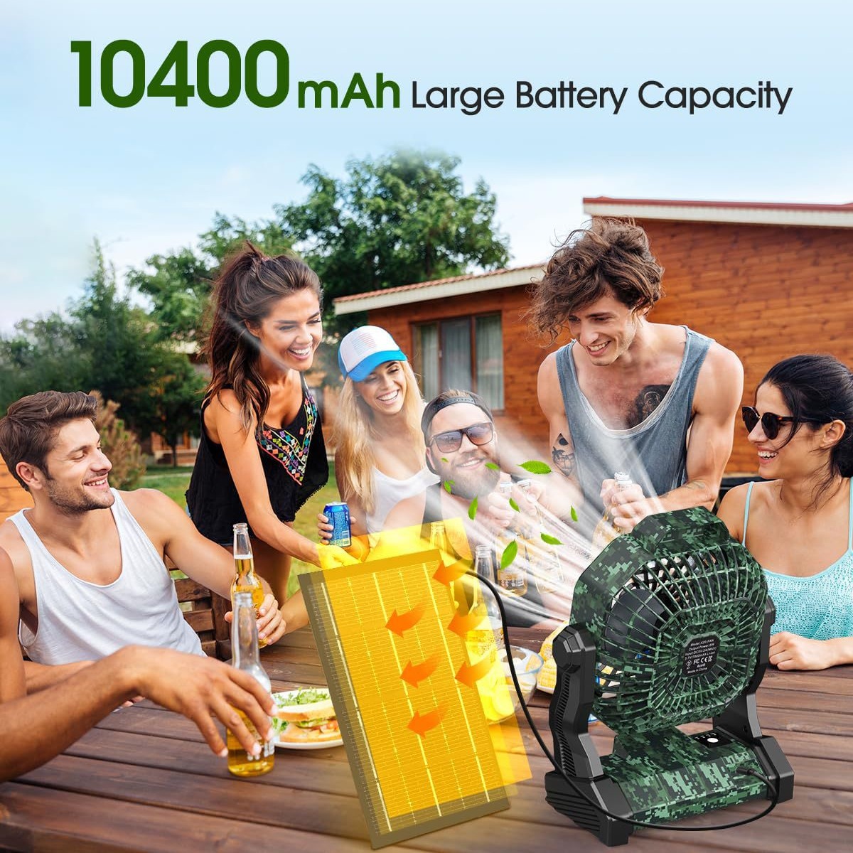 Ventilador Solar para Camping 10400mAh con Panel Solar Recargable