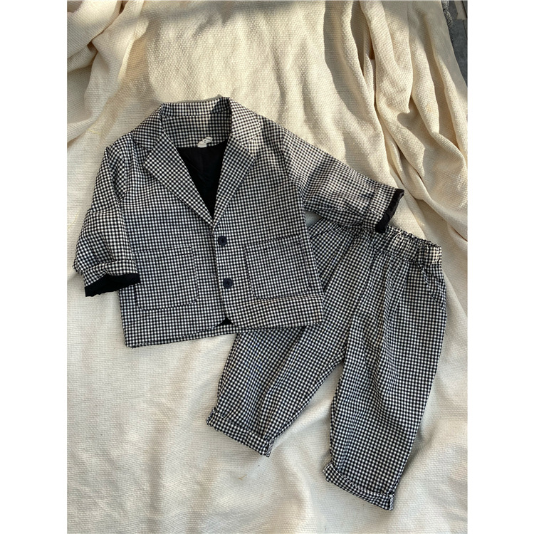 2024 tidig vår Koreansk klädsel Nya barnkläder för pojkar höstrutig kostym, byxor, kostym tvådelat set trendigt_voghion.com