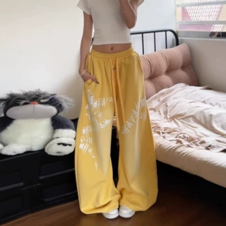 多巴胺黄色运动裤卫裤男女夏宽松阔腿印花休闲裤jazz爵士舞拖地裤