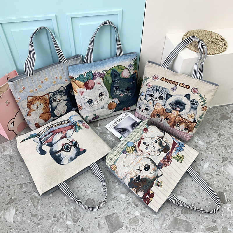 Cross-border Foreign Trade Portable Jacquard Bag Kitten Large Embroidered Canvas Bag Shopping Fashion Shoulder Women's Bag Tote Bag