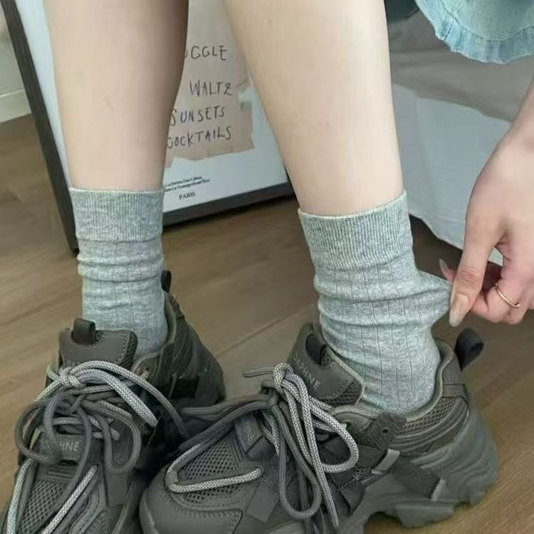 春秋新竖纹棉质白色无骨袜子女纯色夏季薄款中筒袜配老爹鞋堆堆袜|undefined