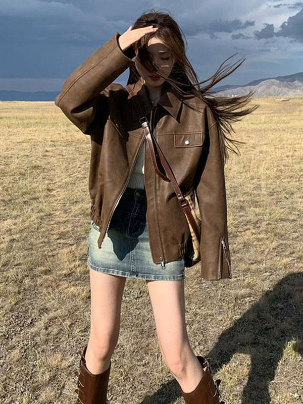 美式复古咖色机车pu皮夹克女春秋季宽松感超好看皮衣开衫外套|undefined