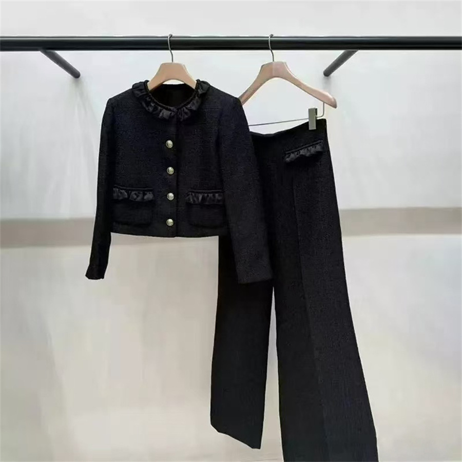 法式小众 2025秋冬新甜美褶皱花边圆领粗花呢外套长裤套装